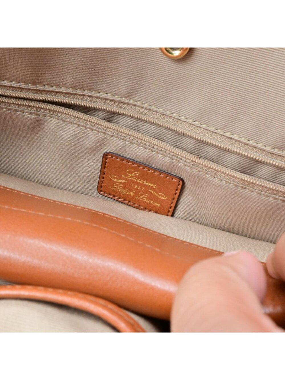 Lauren Ralph Lauren Fairfield City Striped Canvas Tote Bag Tan Leather Trim - Picture 11 of 16